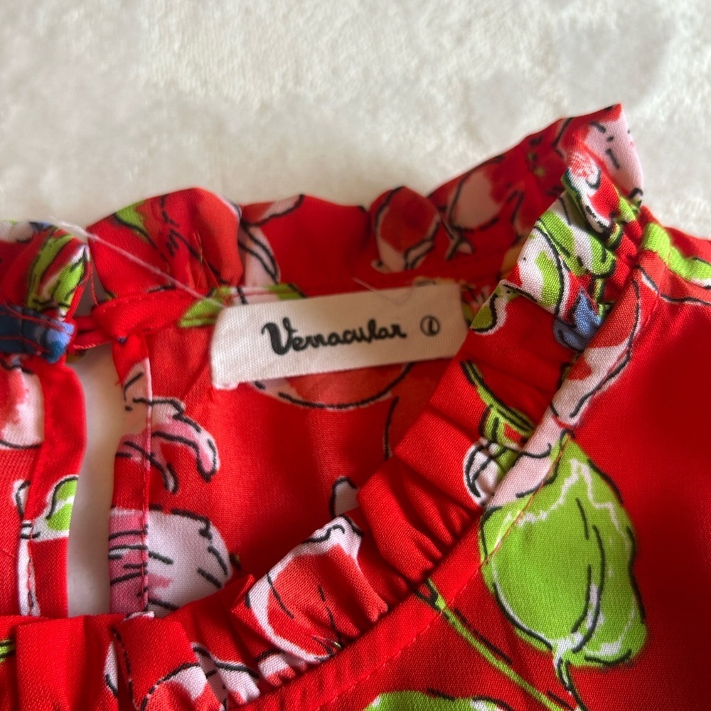Floral Red Midi Dress with Ruffle Sleeves - Picture 5 of 6